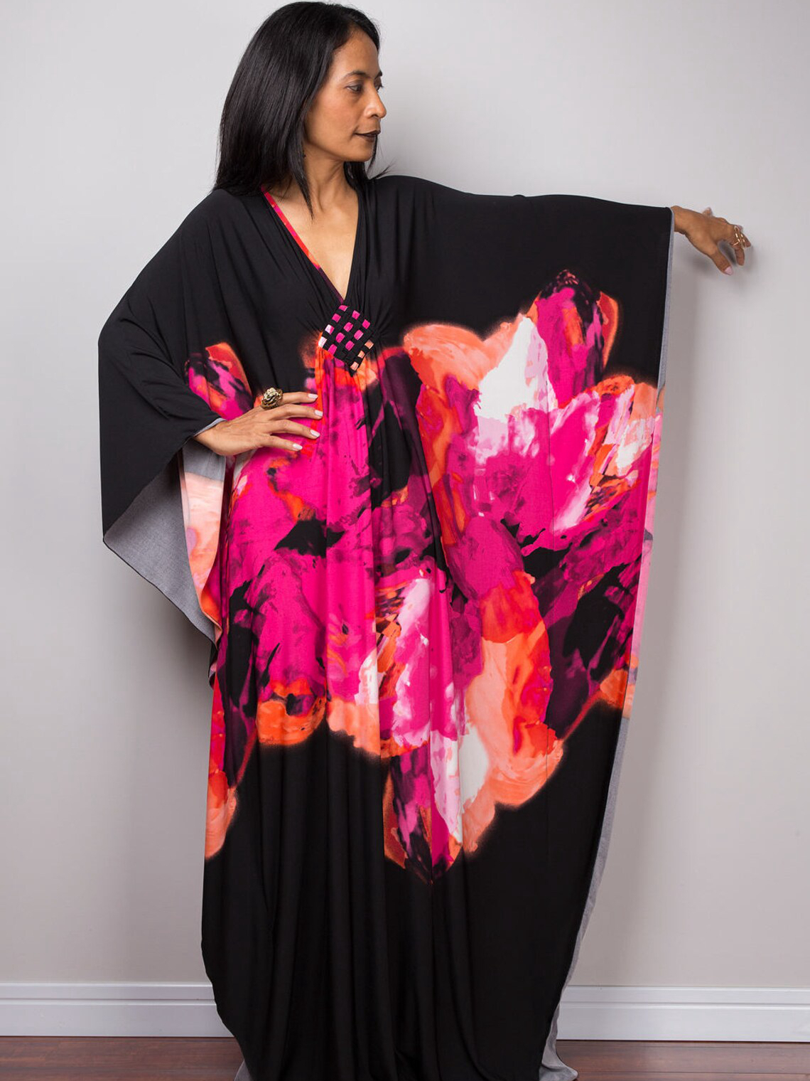 Black Turkish Kaftan Women Rose Flower Print Vneck Swimsuit Cover Ups